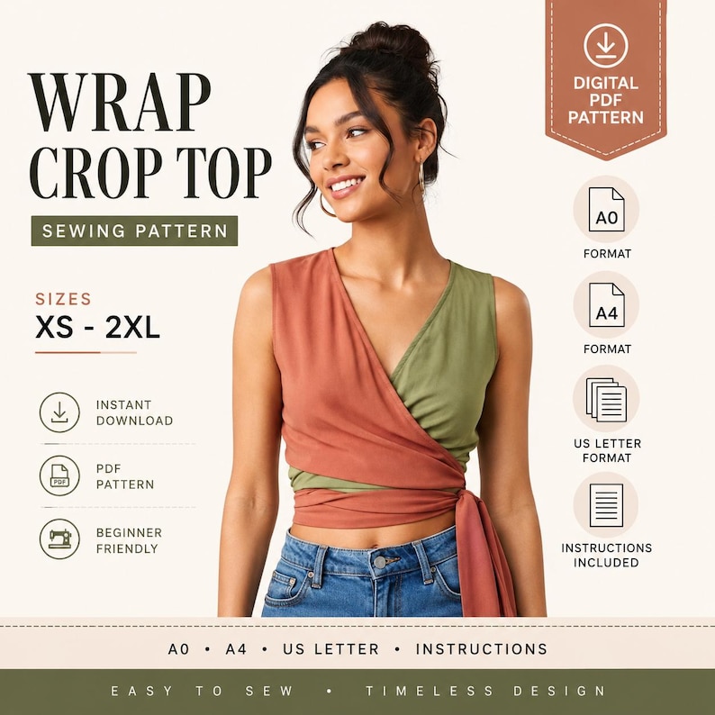 Wrap Crop Top Sewing Pattern PDF | Women's Wrap Blouse | XS-2XL | A4 A0 US Letter | Beginner Sewing Pattern | Instant Download image 1