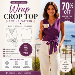 Pode incluir: Um molde de costura para um top curto transpassado sem mangas com fecho de laço frontal. O gráfico exibe o texto Wrap Crop Top Sewing Pattern, tamanho XS a 2XL, e inclui desenhos técnicos de linha do design da peça de vestuário.