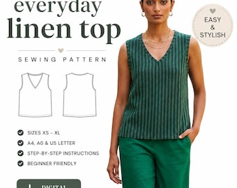 Schnittmuster für ein Leinenoberteil für jeden Tag (PDF) | Leinenbluse mit Kragen für Damen | Digitaler Download | XS-XL | A4 A0 US Letter