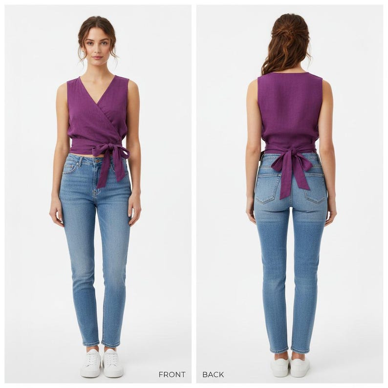 May include: A sleeveless purple wrap top featuring a V-neckline and a side tie closure at the waist, paired with light blue denim jeans. The garment is shown from both the front and back views, highlighting the wrap design and the tied bow detail.