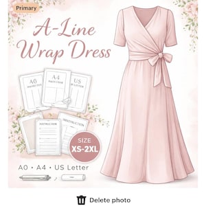 Schnittmuster für ein Wickelkleid in A-Linie, Damen-Schnittmuster (PDF), druckbares Schnittmuster, Größen XS–2XL, Formate: A0, A4, US Letter