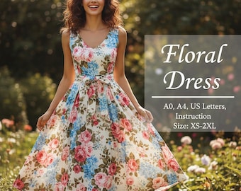 Floral Dress Sewing Pattern PDF, Women's Maxi Dress Pattern, Printable Sewing Pattern, A0 A4 US Letter, XS-2XL.