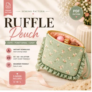 Ruffle Pouch pattern, Sewing gift pattern, Beginner friendly, Instant download PDF (A4, US letter, A0.