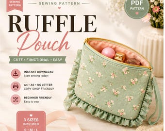 Ruffle Pouch pattern, Sewing gift pattern, Beginner friendly, Instant download PDF (A4, US letter, A0.