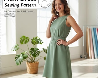 Schnittmuster für ein Palmenkleid (PDF) | Ärmelloses A-Linien-Kleid für Damen | Druckbare PDF-Datei (Größen XS-XL) | A0, A4, US Letter | Digitaler Download.