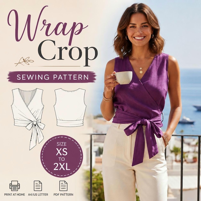 Wrap Crop Top Sewing Pattern PDF | Women's Wrap Blouse | XS-2XL | A4 A0 US Letter | Beginner Sewing Pattern | Instant Download image 7
