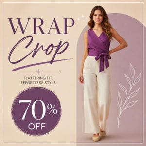 Könnte beinhalten: Eine Frau trägt ein ärmelloses Wickel-Crop-Top in leuchtendem Lila, kombiniert mit cremefarbenen Hosen mit weitem Bein. Das Bild zeigt den Text "WRAP Crop" und "70% OFF". Der Look ist lässig und schick.