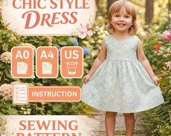 Mädchenkleid-Schnittmuster (PDF) | Schickes Kleidermuster | Kleinkinderkleid-Schnittmuster | Babykleid | Größen 12 Monate bis 7 Jahre | A0 A4 US Letter.