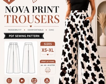 Nova Print Trouser Sewing Pattern PDF | High Waist Wide Leg Pants | Digital Download | XS–XL | a4, us Letter & a0