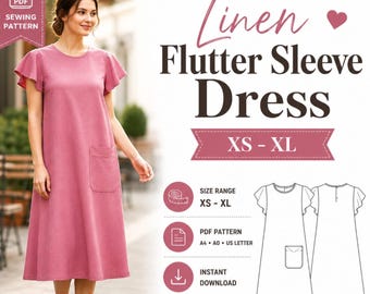 Linen Flutter Sleeve Dress | Summer Midi Dress Women | Loose Fit Boho Linen Dress | Breathable Casual Vacation Dress