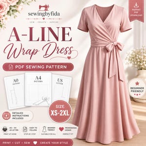 Patrón de costura en PDF para vestido cruzado de corte A / Patrón de vestido cruzado maxi / Vestido de mujer con escote en V / Vestido cruzado de manga corta / Tamaños: A0, A4, Carta (EE. UU.) / Tallas: XS-2XL