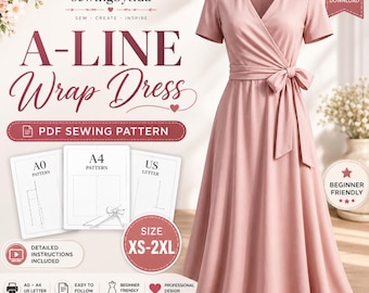 A Line Wrap Dress Sewing Pattern PDF | Maxi Wrap Dress Pattern | Women's V Neck Dress | Short Sleeve Wrap Dress | A0 A4 US Letter | XS-2XL
