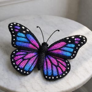 May include: A handcrafted crochet butterfly in shades of blue, purple, and pink, with black edging and white dots. The butterfly has a detailed wing pattern and is displayed on a marble-topped table. The antennae are black.