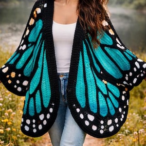Green Butterfly Crochet Cardigan Pattern, Oversized Boho Kimono Sweater (PDF)