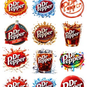 Könnte beinhalten: Eine Sammlung von Dr. Pepper-Logos in verschiedenen Designs. Einige Logos zeigen den Text in Flammen, Eis oder einem Spritzer. Andere zeigen das Logo auf einer Flasche, in einem Glas oder mit einer Krone. Der Text "EST. 1885" ist enthalten.