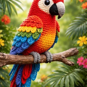 May include: A vibrant, crocheted parrot with red, orange, yellow, green, and blue plumage perches on a brown branch. The bird has a white face, black beak, and gray feet. Tropical foliage surrounds the parrot.