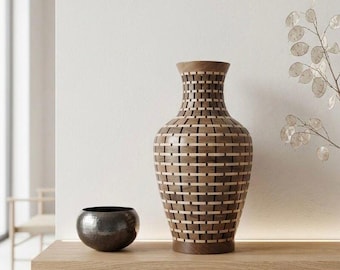 Arte decorativa geométrica em torno de nogueira - Vaso de madeira com design exclusivo em treliça