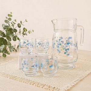 Peut inclure: Une carafe en verre transparent et quatre verres assortis, tous décorés d'un motif floral bleu délicat. La carafe a une poignée et un bec verseur. Les verres sont courts et ronds.