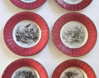 Collection assiettes Sarreguemines mois de l’année x6 faïence vintage rouge décor scènes anciennes 18,5 cm