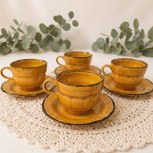 Set of 4 large vintage Pagnossin Treviso cups and saucers, Italian amber earthenware, crackle effect, retro 70s coffee and tea set