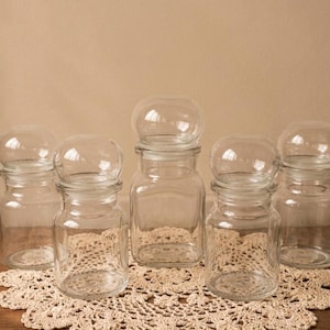 Peut inclure: Un ensemble de cinq bocaux de rangement en verre transparent avec des couvercles en verre arrondis. Les bocaux sont disposés en rangée, avec un bocal central plus haut entouré de quatre bocaux légèrement plus courts, tous dotés de surfaces lisses.