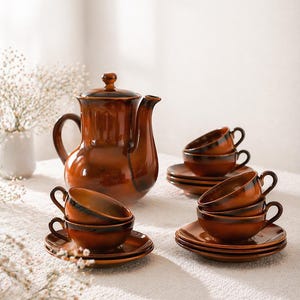 Servizio da caffè vintage Saint Clément, 8 tazze, 8 piattini, teiera in gres marrone, cucina retrò francese anni '70