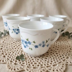 Set of 6 Vintage Arcopal White Porcelain Tea Cups, Blue Forget-Me-Not Decor - Shabby Chic & Cottagecore Style 1970