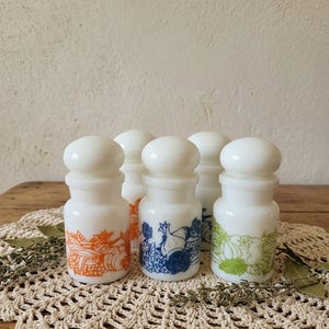 Peut inclure: Un ensemble de quatre pots à épices en verre opalin blanc avec des couvercles arrondis. Chaque pot présente une impression graphique distincte de légumes et d'herbes, avec des motifs à l'encre orange, bleue et verte, disposés en groupe.