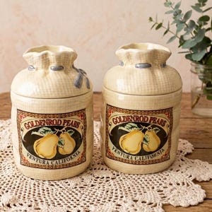 Macetas de cerámica vintage Moonflower, bolsa de yute, creaciones de Farm's Market, decoración de cocina rústica estilo cottagecore, caja de almacenamiento retro pintada a mano