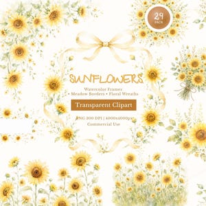 Könnte beinhalten: Aquarell-Clipart mit Sonnenblumen in verschiedenen Anordnungen, darunter Kränze, Bordüren und Blumensträuße. Das Design enthält den Text "SUNFLOWERS" und "Transparent Clipart". Die Sonnenblumen sind gelb mit grünen Blättern und Stielen.