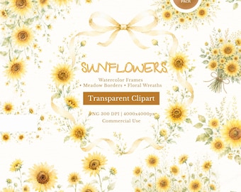 Watercolor Sunflower Borders Frames Set, Sunflowers Clipart, Meadow Flowers, Summer Flowers, Wedding Card Flowers, Bridal Shower Flowers PNG