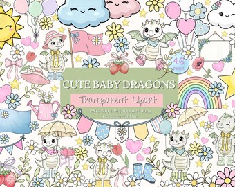 Paquete de imágenes prediseñadas PNG de acuarela de dragón bebé en tonos pastel, lindo conjunto Kawaii para baby shower con flores, arcoíris y globos, 300 DPI digitales
