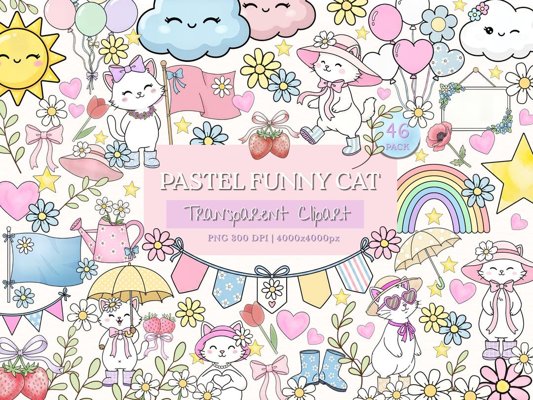 Pastel Cat Clipart Bundle PNG With Cute Funny Kawaii Kittens, Perfect ...
