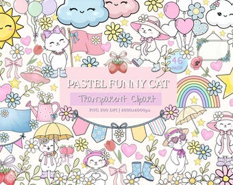 Paquete de imágenes prediseñadas PNG de gatos en tonos pastel con gatitos kawaii adorables y divertidos, perfectos para la decoración de habitaciones infantiles estilo cottagecore y diseños para baby showers, uso comercial.