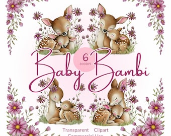 Paquete de imágenes prediseñadas de Bambi bebé adorable: conjunto de imágenes prediseñadas de madre y cría de ciervo para guardería, PNG transparente, descarga instantánea, uso comercial.