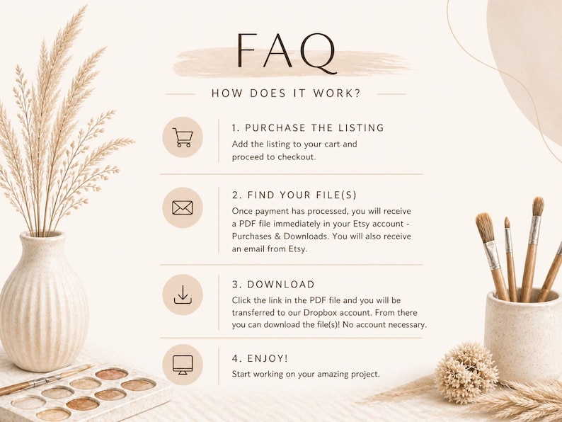 May include: An FAQ infographic titled HOW DOES IT WORK? with four steps: 1. PURCHASE THE LISTING, 2. FIND YOUR FILE(S), 3. DOWNLOAD, and 4. ENJOY! The text is surrounded by a vase with dried pampas grass, a paint palette, and a cup of paintbrushes.