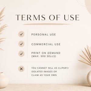 May include: A digital graphic displaying Terms of Use with a beige background. The text includes Personal Use, Commercial Use, Print on Demand (max. 500 sells), and a restriction against selling as clipart or claiming the work as your own.