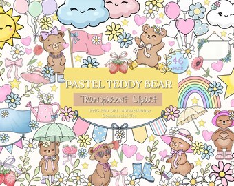Paquete de imágenes prediseñadas PNG de ositos de peluche en acuarela pastel, lindo conjunto kawaii para baby shower con flores, arcoíris y globos, descarga a 300 DPI
