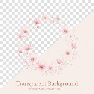 May include: A circular wreath illustration composed of watercolor-style light pink cosmos flowers and delicate thin stems. The floral arrangement features various bloom sizes and small buds arranged in a ring, set against a transparent background.