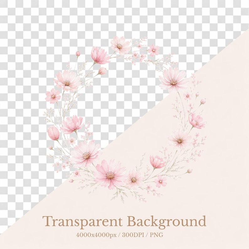 May include: A circular wreath illustration composed of watercolor-style light pink cosmos flowers and delicate thin stems. The floral arrangement features various bloom sizes and small buds arranged in a ring, set against a transparent background.
