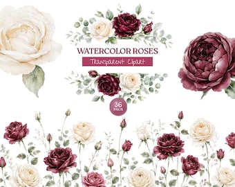 Paquete de imágenes prediseñadas PNG de rosas burdeos y marfil, borde floral de acuarela, follaje de eucalipto, marcos de boda, coronas botánicas, producto digital