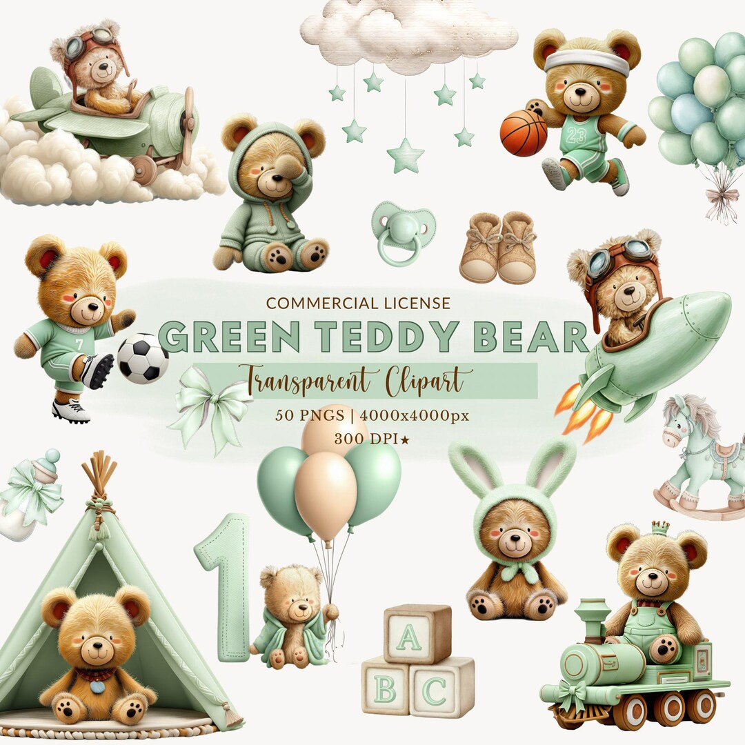 Green Teddy Bear Clipart Bundle, Cute Teddy Bear PNG, Baby Shower ...