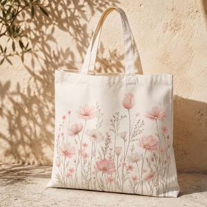 May include: A cream-colored canvas tote bag featuring a printed design of delicate pink wildflowers and green stems. The bag has two matching fabric handles at the top and a rectangular shape with a flat base, showcasing a botanical floral pattern.