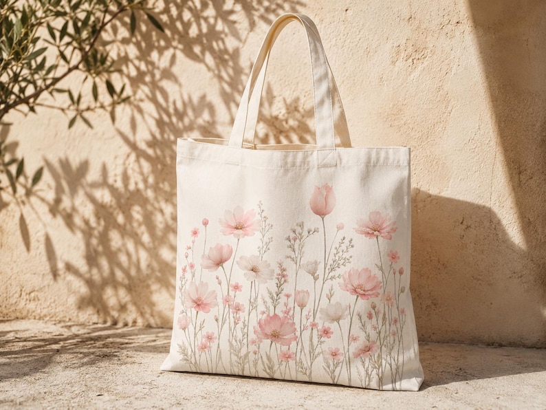May include: A cream-colored canvas tote bag featuring a printed design of delicate pink wildflowers and green stems. The bag has two matching fabric handles at the top and a rectangular shape with a flat base, showcasing a botanical floral pattern.