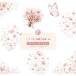 May include: A digital collection of watercolor illustrations featuring blush pink flowers, floral bouquets, and a butterfly. The central text reads 27 PACK BLUSH MEADOW TRANSPARENT CLIPART PNG 300 DPI 4000x4000px Commercial Use, surrounded by various floral arrangements.