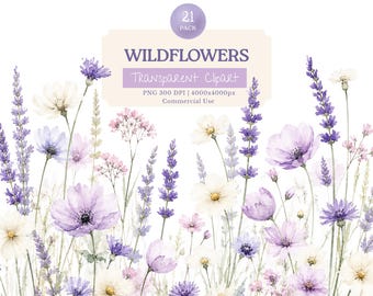 Watercolor Lavender Floral Border and Frame Set, Wildflowers Borders, Purple Wild Flowers PNG Clipart, Meadow Flowers, Summer Flowers,
