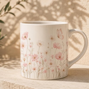May include: A white ceramic mug featuring a delicate watercolor illustration of soft pink cosmos flowers and a single butterfly. The floral design wraps around the exterior of the mug, showcasing various shades of light pink and muted green stems.