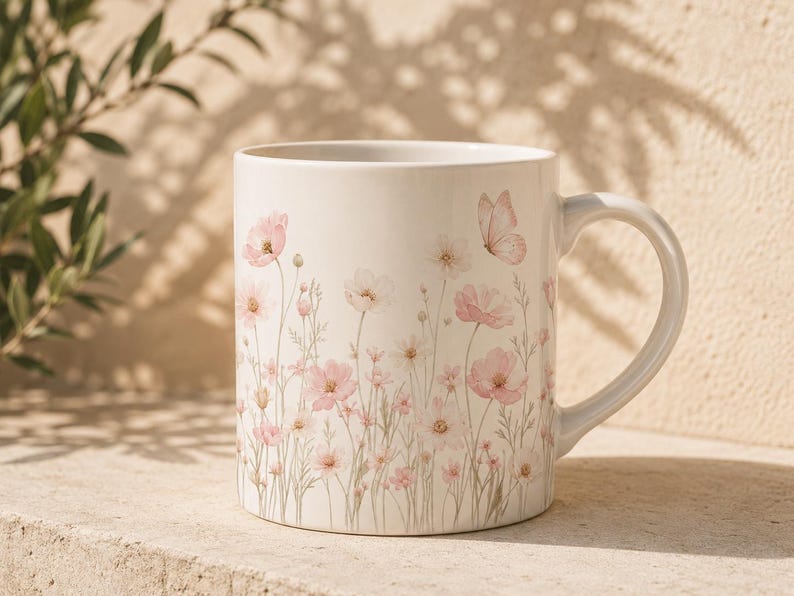 May include: A white ceramic mug featuring a delicate watercolor illustration of soft pink cosmos flowers and a single butterfly. The floral design wraps around the exterior of the mug, showcasing various shades of light pink and muted green stems.