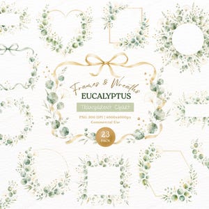 Pode incluir: Uma coleção de molduras e guirlandas de eucalipto em aquarela com folhas verdes e detalhes em fita dourada. O texto central diz Frames & Wreaths EUCALYPTUS TRANSPARENT CLIPART PNG 300 DPI | 4000x4000px Commercial Use 23 PACK. Várias formas incluem corações, círculos e quadrados.