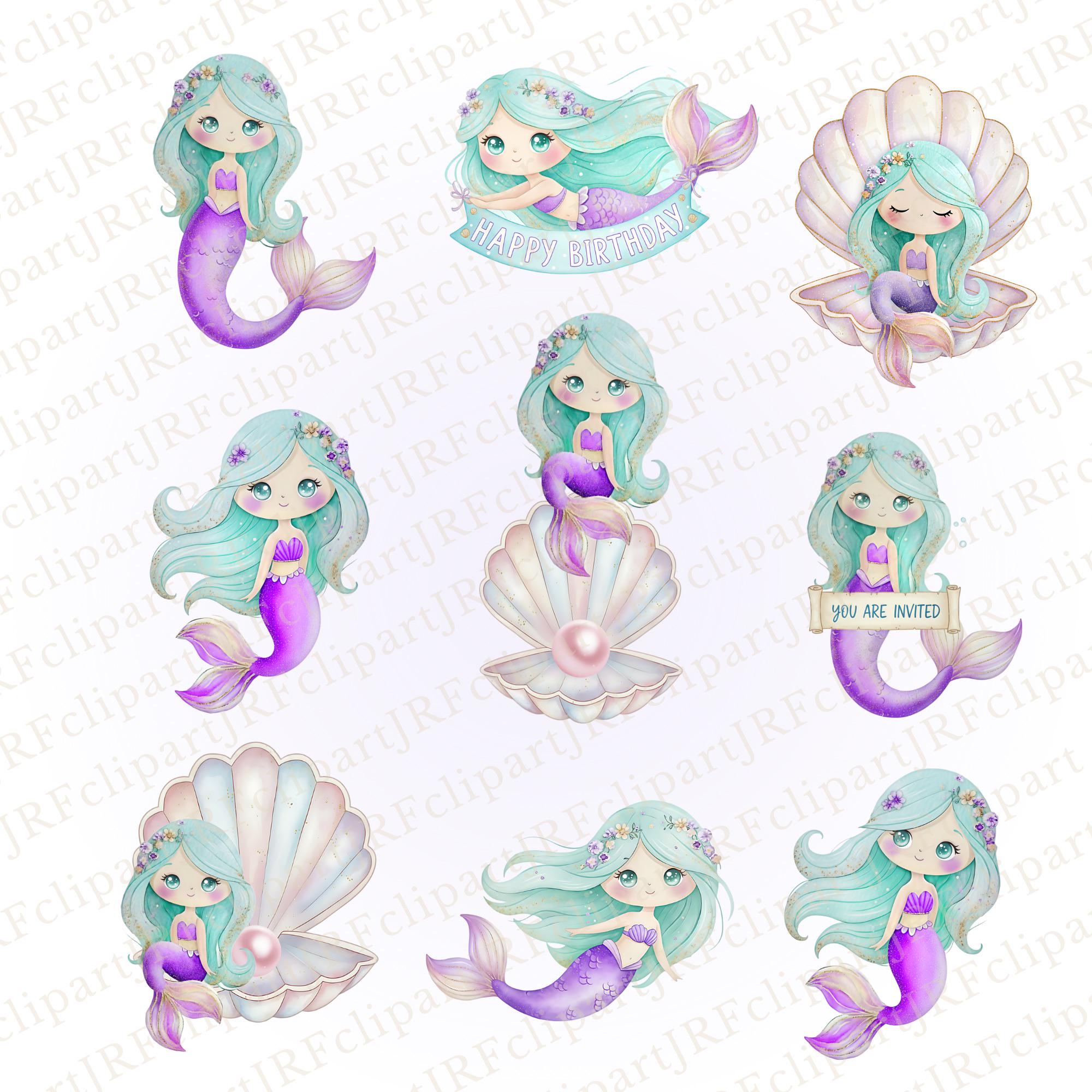 Little Mermaid Clipart Set PNG, Pastel Watercolor Ocean Animals, Cute ...